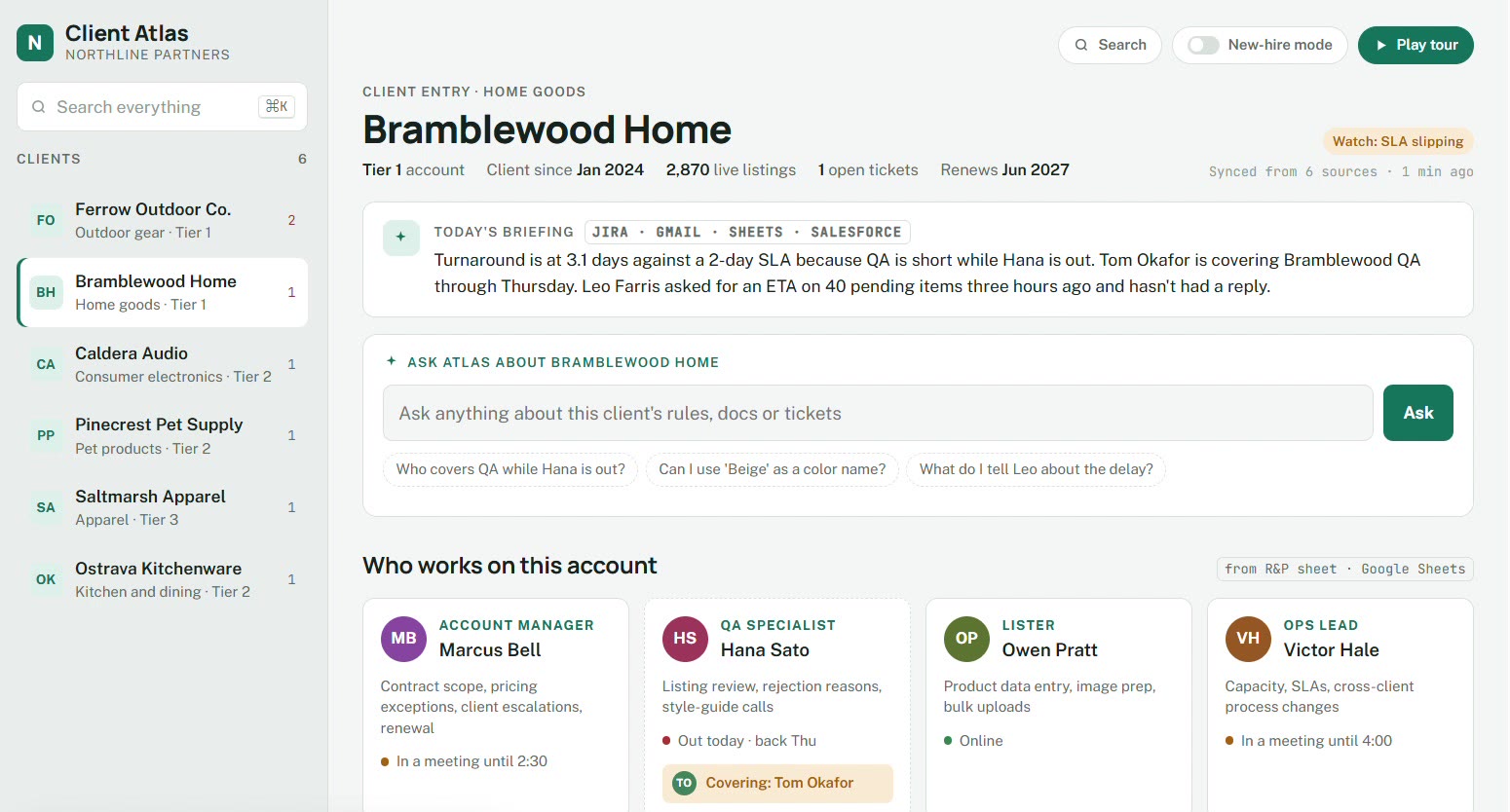 Client Atlas page for Bramblewood Home, with today’s briefing and the account team, including who is covering while the QA specialist is out