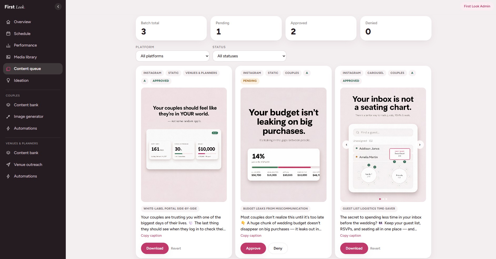 First Look content queue — generated Instagram graphics with approve, deny, and download
